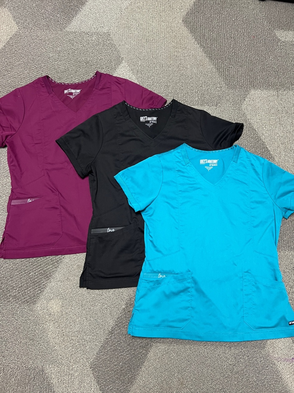 3 Grey's Anatomy V-Neck Scrub Tops - Teal, Black, Plum Large like NEW